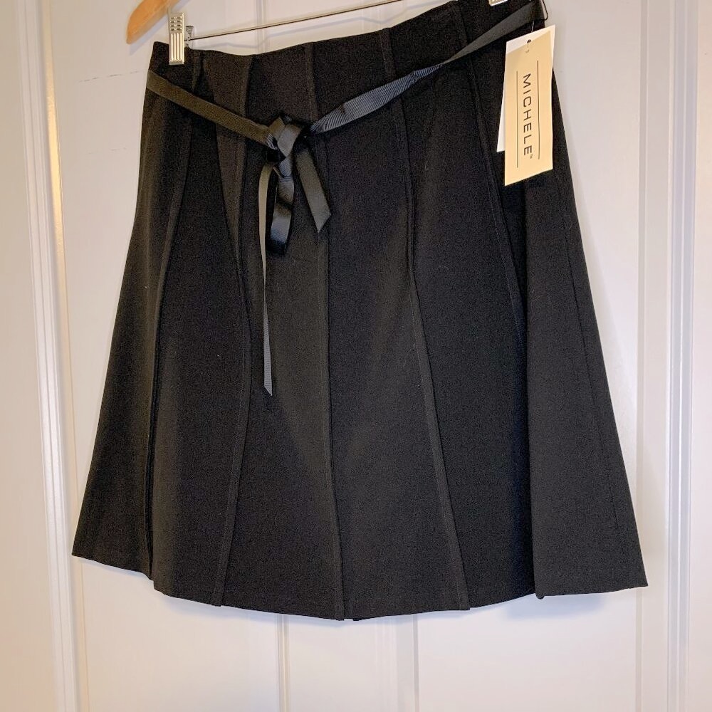 Michele Made in the USA, Black Stretch Skirt, Ribbon Belt, Size 12 NWT